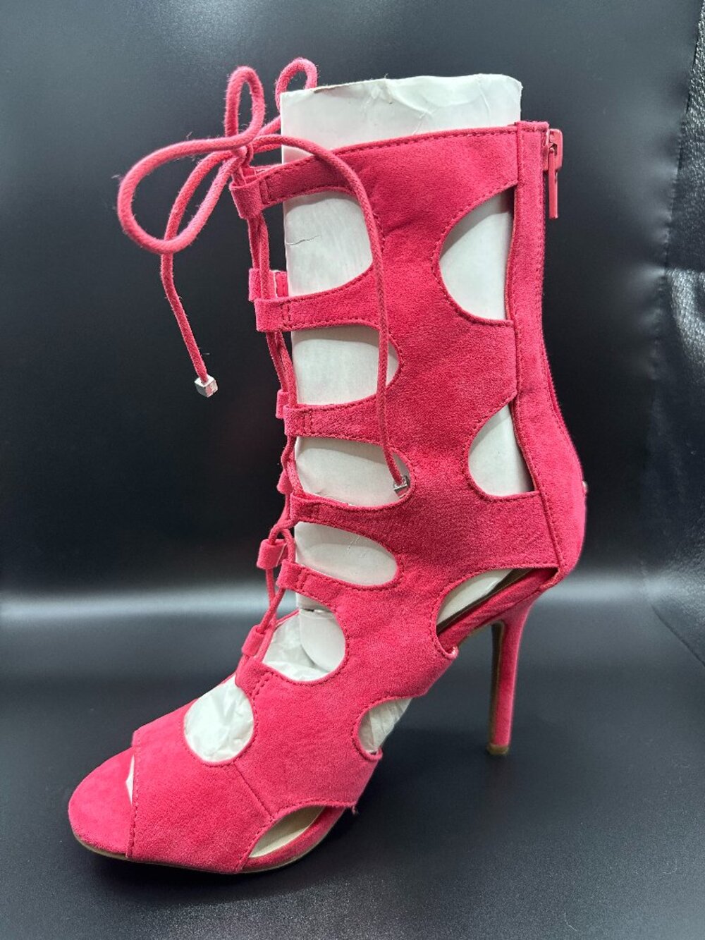 Wild Diva Hot Pink Suede Cutout Lace Up Stiletto Heel Booties Barbiecore Glam
